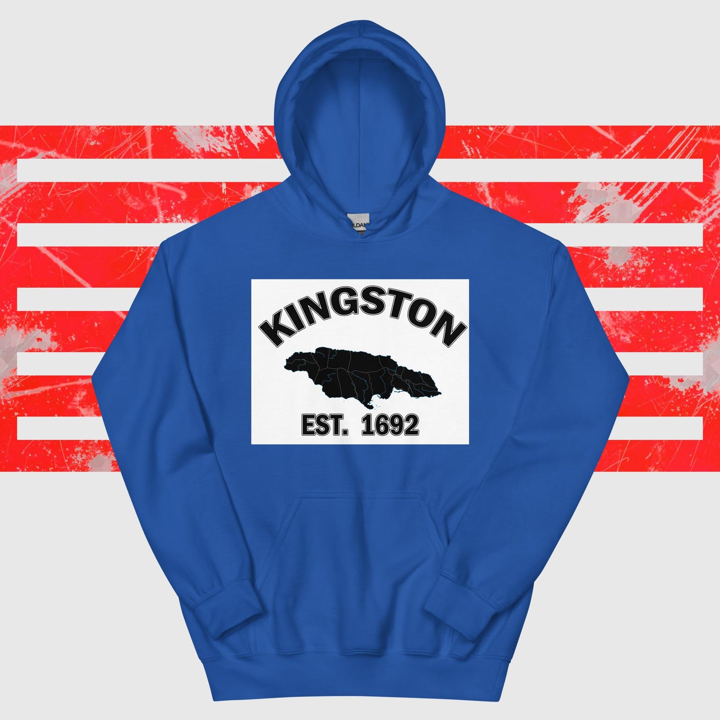 WHite Block print with Kingston Est. 1692 and map of jamaica  design on hoodie. Jamaica gift idea